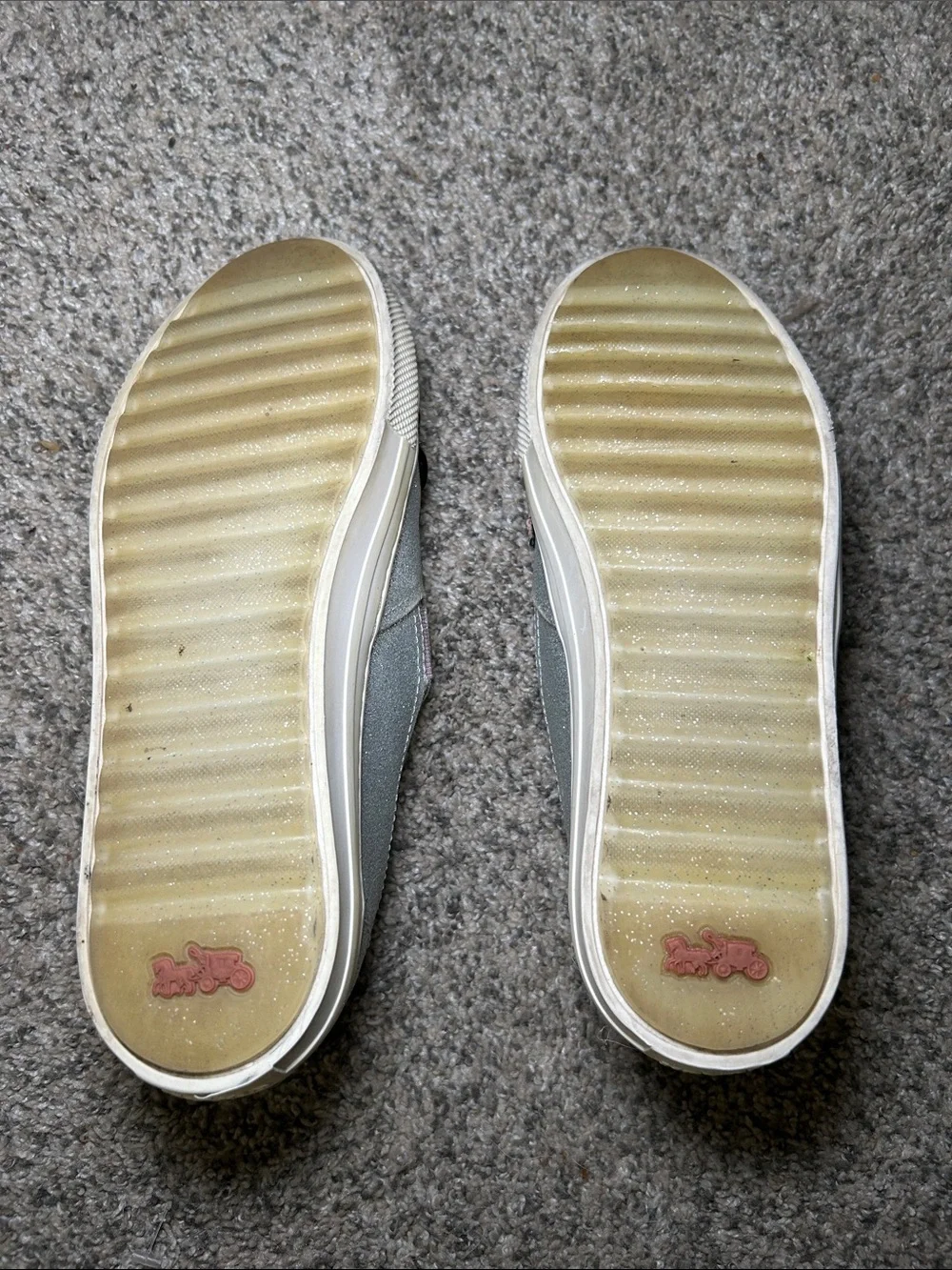 Coach C115 sneakers with a silver glitter‎ finish and Route 41 patches. Size 8
